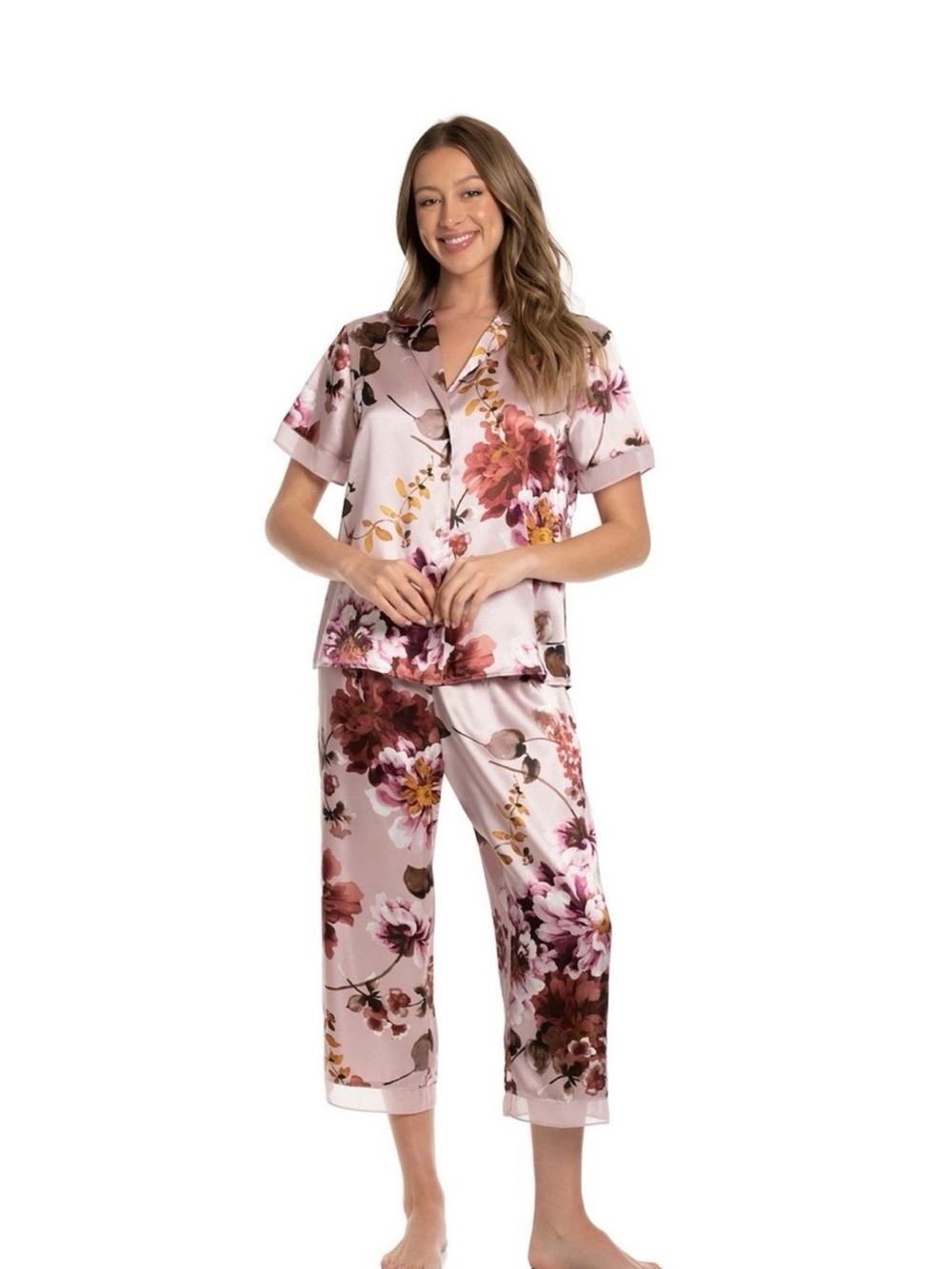 Floral Satin Pajama Set in Light Pink